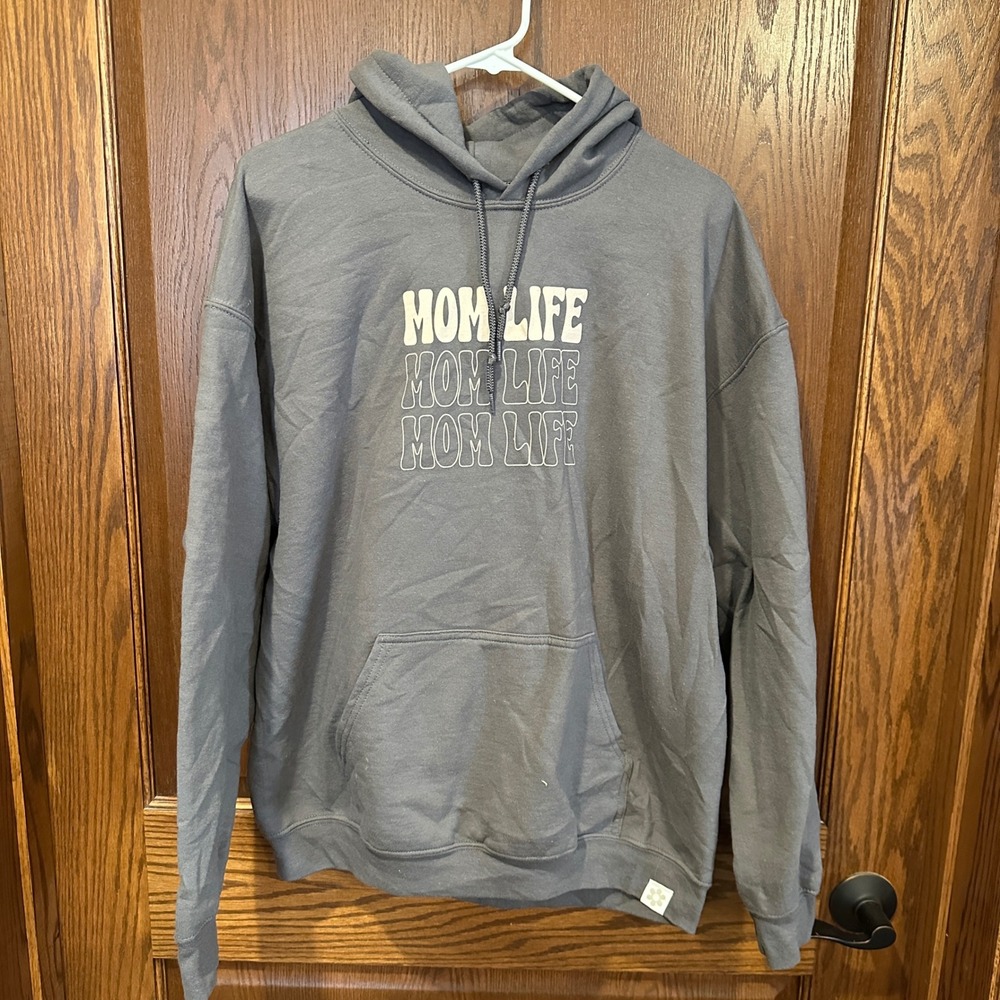 Krista Horton X Sly Fox Womens Grey Mom Life Graphic Hoodie with Smiley‎ Face